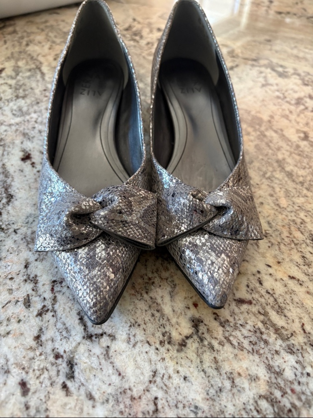 Naturalizer Silver Metallic Snake-Print Pointed Flats with Knot
